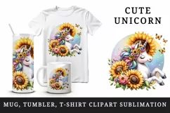 Watercolor cute unicorn sunflowers basking in summer sun flowers print 20 oz tumbler skinny mug wrap clipart t-shirt sublimation printable design