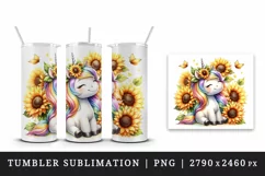 Watercolor cute unicorn sunflowers basking in summer sun flowers print 20 oz tumbler skinny mug wrap clipart t-shirt sublimation printable design