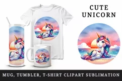 Watercolor cute unicorn sunset relaxing on summer beach print 20 oz tumbler skinny mug wrap clipart t-shirt sublimation printable design