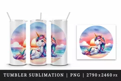 Watercolor cute unicorn sunset relaxing on summer beach print 20 oz tumbler skinny mug wrap clipart t-shirt sublimation printable design