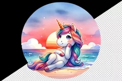 Watercolor cute unicorn sunset relaxing on summer beach print 20 oz tumbler skinny mug wrap clipart t-shirt sublimation printable design