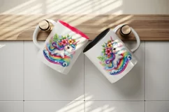 Watercolor cute unicorn tropical flowers surfing on rainbow wave print 20 oz tumbler skinny mug wrap clipart t-shirt sublimation printable design