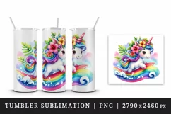 Watercolor cute unicorn tropical flowers surfing on rainbow wave print 20 oz tumbler skinny mug wrap clipart t-shirt sublimation printable design