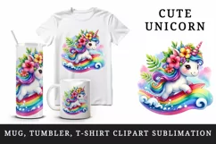 Watercolor cute unicorn tropical flowers surfing on rainbow wave print 20 oz tumbler skinny mug wrap clipart t-shirt sublimation printable design