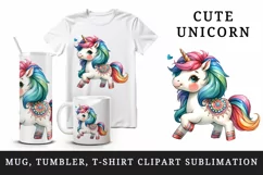 Watercolor cute unicorn trotting vibrant mane painted ceramics pattern print 20oz tumbler skinny mug wrap clipart t-shirt sublimation printable design