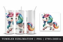Watercolor cute unicorn trotting vibrant mane painted ceramics pattern print 20oz tumbler skinny mug wrap clipart t-shirt sublimation printable design