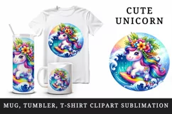 Watercolor cute unicorn vibrant tropical flowers surfing rainbow wave print 20 oz tumbler skinny mug wrap clipart t-shirt sublimation printable design