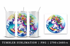 Watercolor cute unicorn vibrant tropical flowers surfing rainbow wave print 20 oz tumbler skinny mug wrap clipart t-shirt sublimation printable design