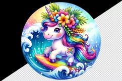 Watercolor cute unicorn vibrant tropical flowers surfing rainbow wave print 20 oz tumbler skinny mug wrap clipart t-shirt sublimation printable design