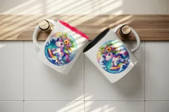 Watercolor cute unicorn vibrant tropical flowers surfing rainbow wave print 20 oz tumbler skinny mug wrap clipart t-shirt sublimation printable design