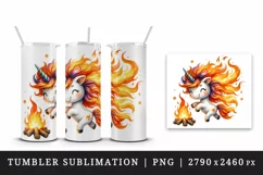 Watercolor cute unicorn with fiery red orange mane dancing around bonfire print tumbler skinny mug wrap clipart t-shirt sublimation printable design