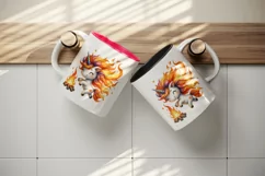 Watercolor cute unicorn with fiery red orange mane dancing around bonfire print tumbler skinny mug wrap clipart t-shirt sublimation printable design