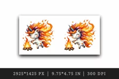 Watercolor cute unicorn with fiery red orange mane dancing around bonfire print tumbler skinny mug wrap clipart t-shirt sublimation printable design