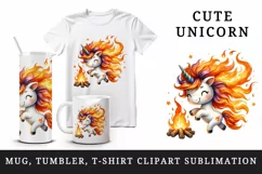 Watercolor cute unicorn with fiery red orange mane dancing around bonfire print tumbler skinny mug wrap clipart t-shirt sublimation printable design