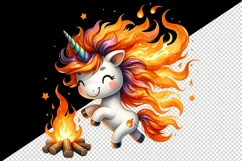 Watercolor cute unicorn with fiery red orange mane dancing around bonfire print tumbler skinny mug wrap clipart t-shirt sublimation printable design