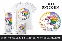 Watercolor cute unicorn with mane that changes colors season beauty print 20 oz tumbler skinny mug wrap clipart t-shirt sublimation printable design