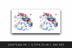 Watercolor cute unicorn with rainbow tail heart and bubbles print 20 oz tumbler skinny mug wrap clipart t-shirt sublimation printable design