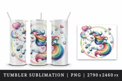 Watercolor cute unicorn with rainbow tail heart and bubbles print 20 oz tumbler skinny mug wrap clipart t-shirt sublimation printable design