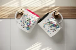 Watercolor cute unicorn with rainbow tail heart and bubbles print 20 oz tumbler skinny mug wrap clipart t-shirt sublimation printable design