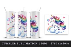 Watercolor cute unicorn with rainbow tail heart and bubbles print 20 oz tumbler skinny mug wrap clipart t-shirt sublimation printable design
