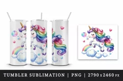 Watercolor cute unicorn with rainbow tail heart and bubbles print 20 oz tumbler skinny mug wrap clipart t-shirt sublimation printable design