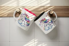 Watercolor cute unicorn with rainbow tail heart and bubbles print 20 oz tumbler skinny mug wrap clipart t-shirt sublimation printable design