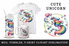 Watercolor cute unicorn with rainbow tail heart and bubbles print 20 oz tumbler skinny mug wrap clipart t-shirt sublimation printable design