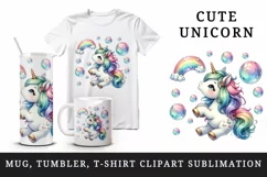Watercolor cute unicorn with rainbow tail heart and bubbles print 20 oz tumbler skinny mug wrap clipart t-shirt sublimation printable design