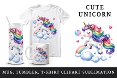 Watercolor cute unicorn with rainbow tail heart and bubbles print 20 oz tumbler skinny mug wrap clipart t-shirt sublimation printable design