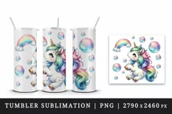 Watercolor cute unicorn with rainbow tail heart and bubbles print 20 oz tumbler skinny mug wrap clipart t-shirt sublimation printable design