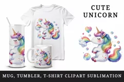 Watercolor cute unicorn with rainbow tail heart and bubbles print 20 oz tumbler skinny mug wrap clipart t-shirt sublimation printable design
