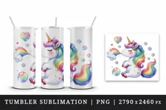 Watercolor cute unicorn with rainbow tail heart and bubbles print 20 oz tumbler skinny mug wrap clipart t-shirt sublimation printable design