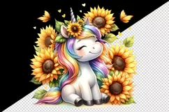 Watercolor cute unicorn with sunflowers basking in summer sun flowers print 20 oz tumbler skinny mug wrap clipart t-shirt sublimation printable design