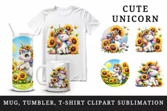 Watercolor cute unicorn with sunflowers basking in summer sun flowers print 20 oz tumbler skinny mug wrap clipart t-shirt sublimation printable design
