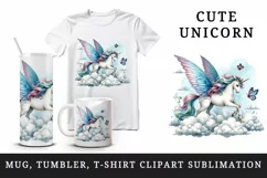 Watercolor cute unicorn with wings butterfly fluttering among clouds print 20 oz tumbler skinny mug wrap clipart t-shirt sublimation printable design