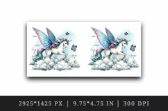 Watercolor cute unicorn with wings butterfly fluttering among clouds print 20 oz tumbler skinny mug wrap clipart t-shirt sublimation printable design
