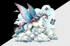 Watercolor cute unicorn with wings butterfly fluttering among clouds print 20 oz tumbler skinny mug wrap clipart t-shirt sublimation printable design