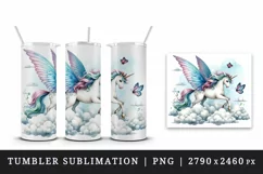 Watercolor cute unicorn with wings butterfly fluttering among clouds print 20 oz tumbler skinny mug wrap clipart t-shirt sublimation printable design