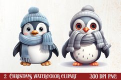 Watercolor Cute Winter Penguin Clipart, Christmas Clipart Product Image 1