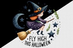 Watercolor cute witch broomstick stars Fly High this Halloween quote print 20 oz tumbler skinny mug wrap clipart t-shirt sublimation printable design