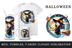 Watercolor cute witch flying on broomstick under moon circular Halloween print tumbler skinny mug wrap clipart t-shirt sublimation printable design