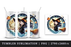 Watercolor cute witch flying on broomstick under moon circular Halloween print tumbler skinny mug wrap clipart t-shirt sublimation printable design
