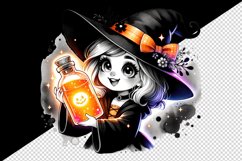 Watercolor cute witch hat holding glowing neon potion bottle Halloween print 20oz tumbler skinny mug wrap clipart t-shirt sublimation printable design