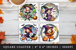 Watercolor cute witch pumpkin broomstick candy bat black cat hat candy sparkles Halloween print square coaster mug coasters sublimation design