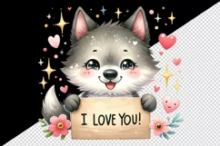 Watercolor cute wolf sparkle hearts I Love You quote Valentine Day print 20 oz tumbler skinny mug wrap clipart t-shirt sublimation printable design