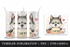 Watercolor cute wolf sparkle hearts I Love You quote Valentine Day print 20 oz tumbler skinny mug wrap clipart t-shirt sublimation printable design