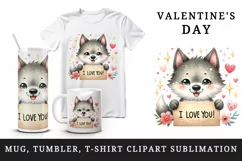 Watercolor cute wolf sparkle hearts I Love You quote Valentine Day print 20 oz tumbler skinny mug wrap clipart t-shirt sublimation printable design