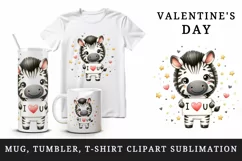 Watercolor cute zebra sparkle hearts I Love You quote Valentine Day print 20 oz tumbler skinny mug wrap clipart t-shirt sublimation printable design
