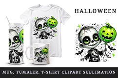 Watercolor cute zombie holding neon green balloon pumpkin Halloween print 20 oz tumbler skinny mug wrap clipart t-shirt sublimation printable design