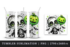 Watercolor cute zombie holding neon green balloon pumpkin Halloween print 20 oz tumbler skinny mug wrap clipart t-shirt sublimation printable design